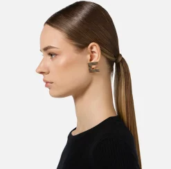 Bijoux|Elisabetta Franchi Orecchini logo in ottone a righe smaltate OroGiallo/Nero