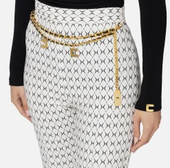 Tailleur|Pantaloni E Shorts|Elisabetta Franchi Pantalone a palazzo in crêpe stampa rombo con catena Burro/Nero