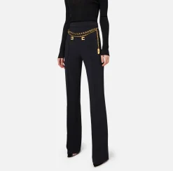 Pantaloni E Shorts|Elisabetta Franchi Pantalone a palazzo in crêpe stretch con cintura Nero