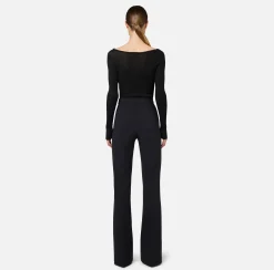 Pantaloni E Shorts|Elisabetta Franchi Pantalone a palazzo in crêpe stretch con cintura Nero