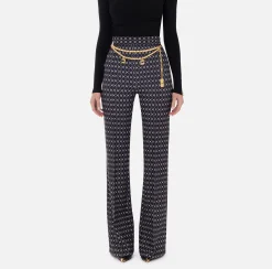 Tailleur|Pantaloni E Shorts|Elisabetta Franchi Pantalone a palazzo in crêpe stampa rombo con catena Nero/Burro
