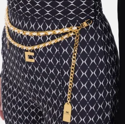 Tailleur|Pantaloni E Shorts|Elisabetta Franchi Pantalone a palazzo in crêpe stampa rombo con catena Nero/Burro