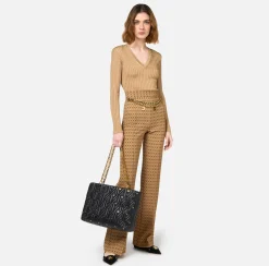Tailleur|Pantaloni E Shorts|Elisabetta Franchi Pantalone a palazzo in crêpe stampa rombo con catena Camel/Nero