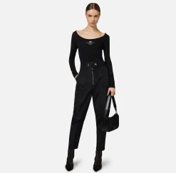 Pantaloni E Shorts|Elisabetta Franchi Pantalone boyfriend in nylon tecnico con elastico logato Nero