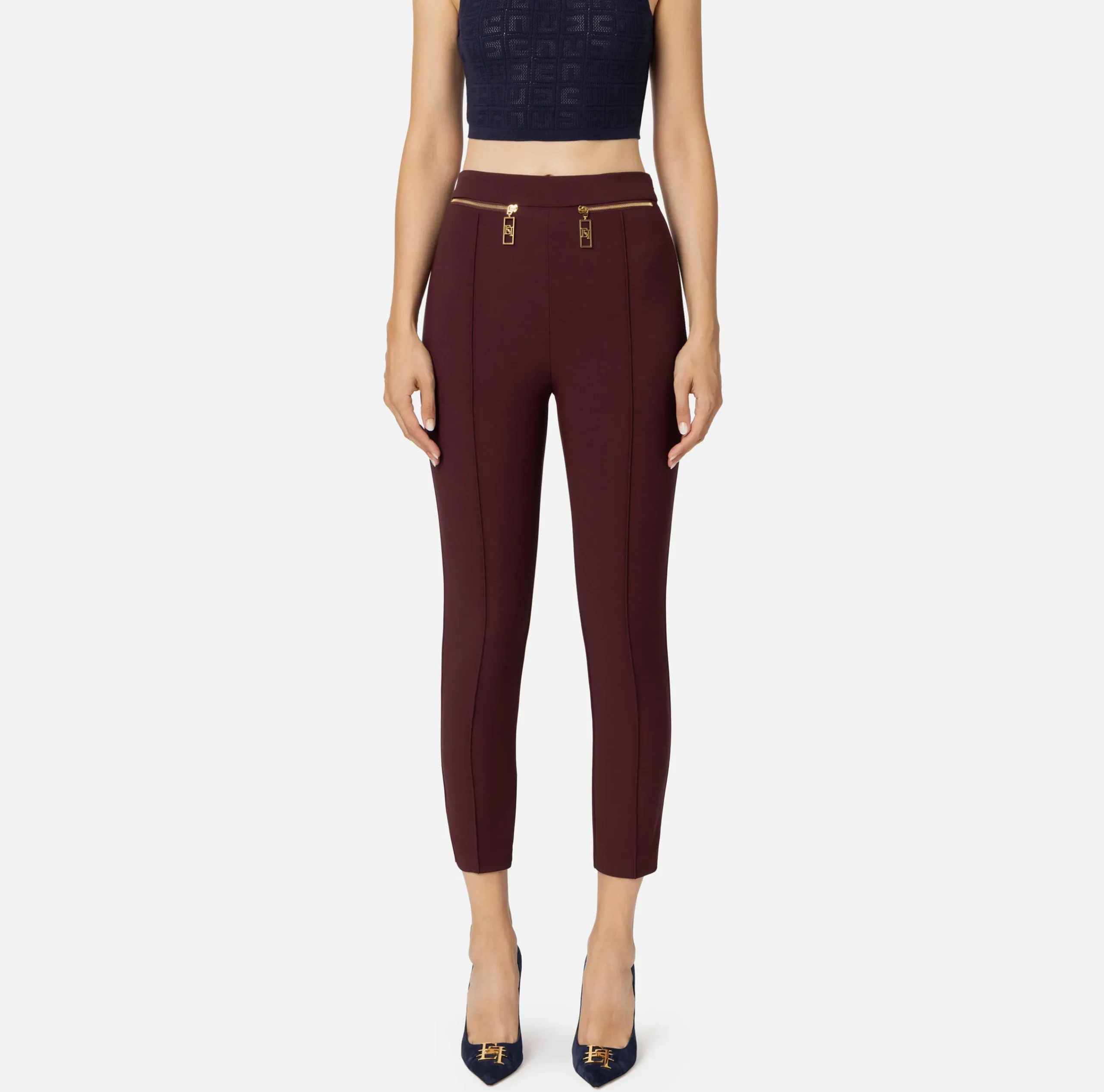 Tailleur|Pantaloni E Shorts|Elisabetta Franchi Pantalone dritto in crêpe con zip RougeNoir