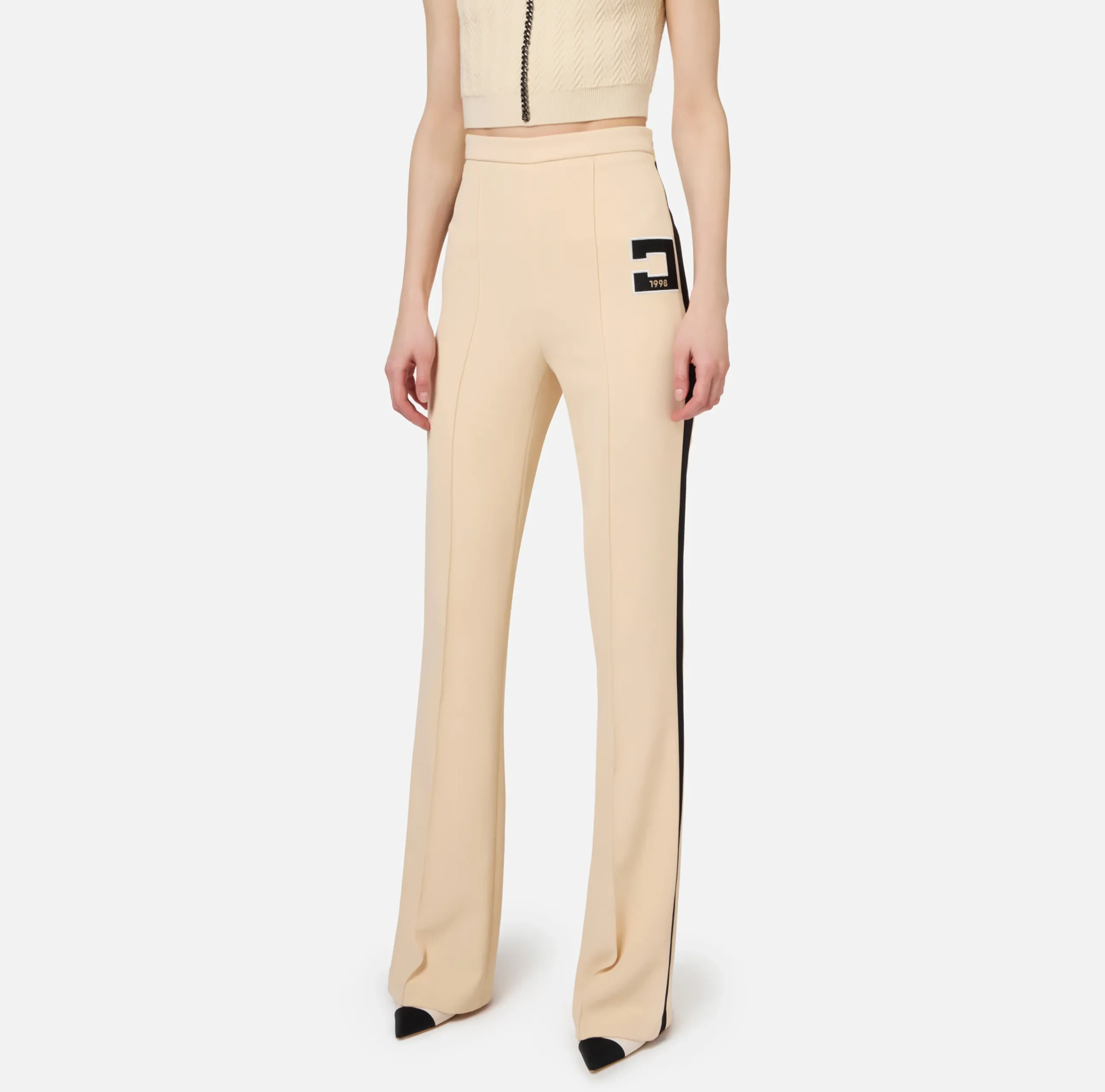 Pantaloni E Shorts|Elisabetta Franchi Pantalone dritto in crêpe stretch con bande e ricamo logo Steel/Burro