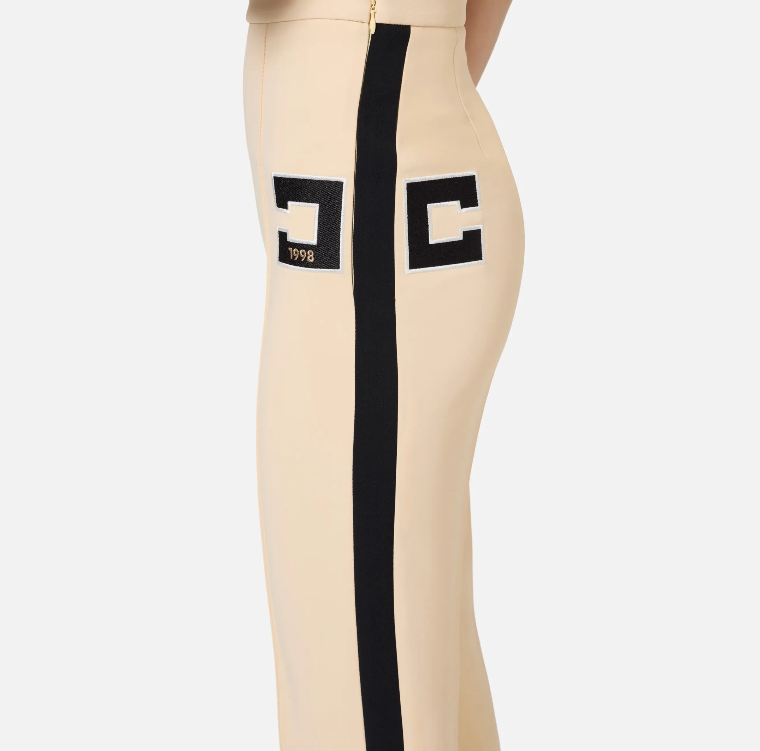 Pantaloni E Shorts|Elisabetta Franchi Pantalone dritto in crêpe stretch con bande e ricamo logo Steel/Burro