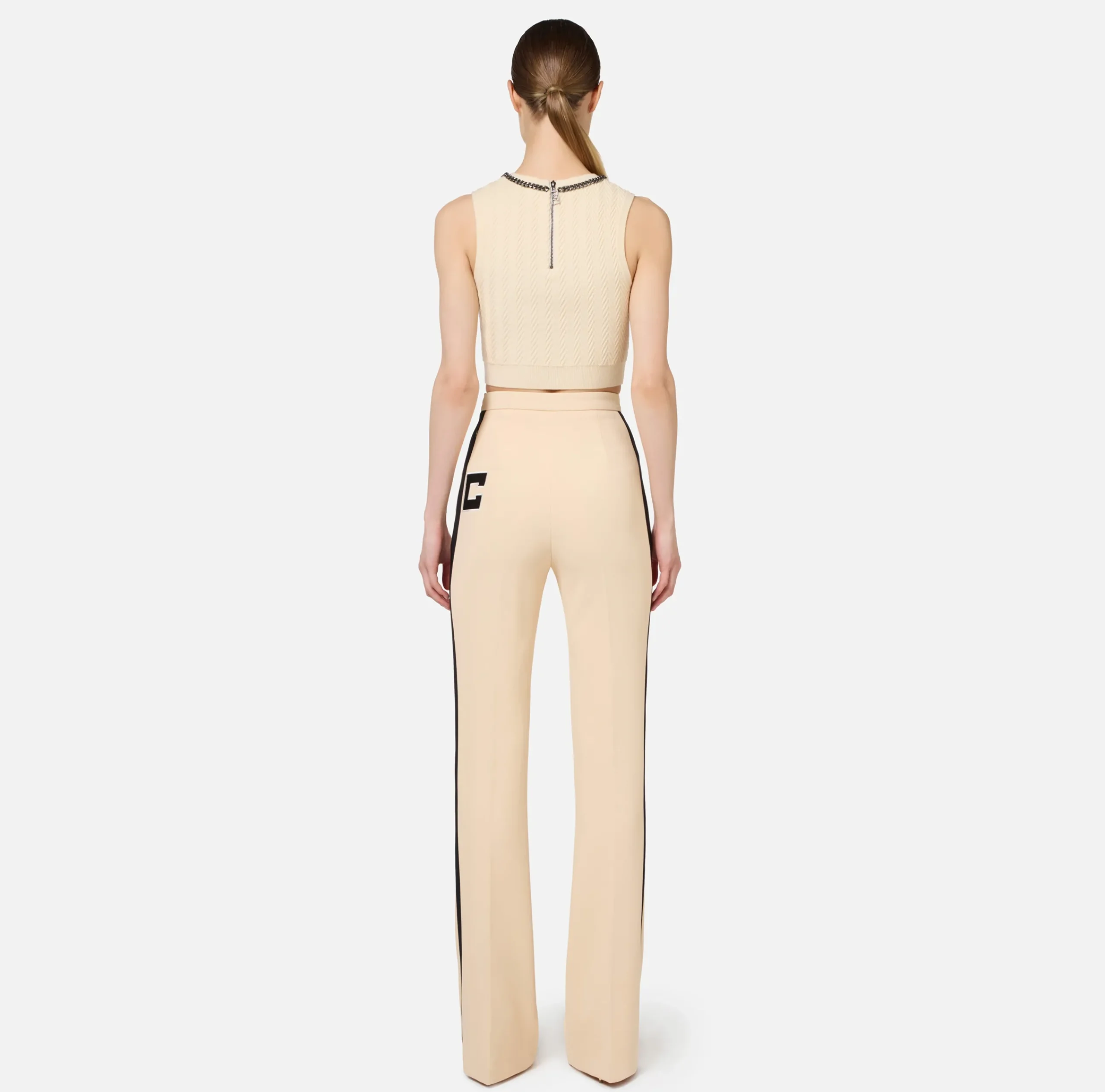 Pantaloni E Shorts|Elisabetta Franchi Pantalone dritto in crêpe stretch con bande e ricamo logo Steel/Burro