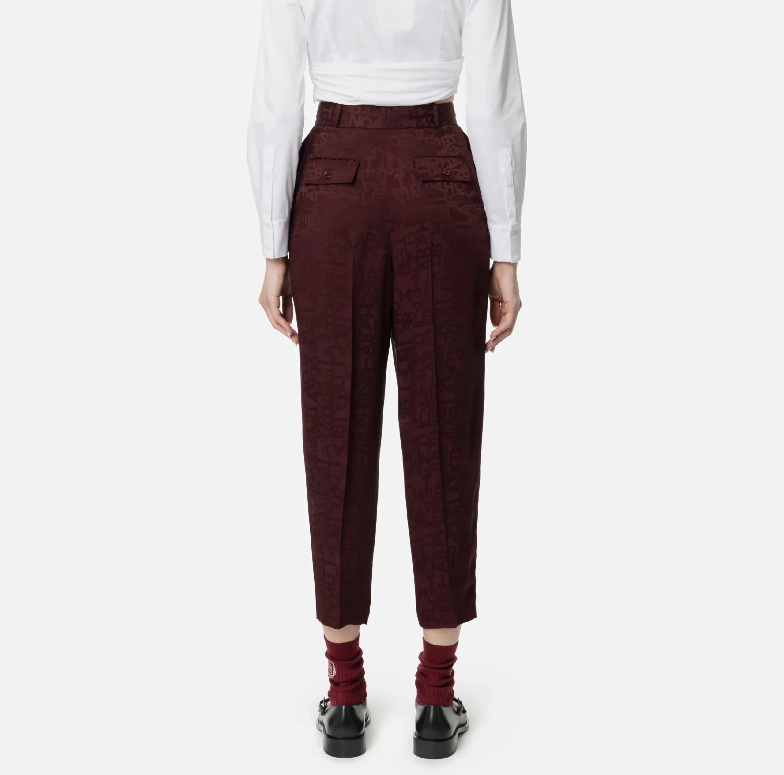 Tailleur|Pantaloni E Shorts|Elisabetta Franchi Pantalone dritto in crêpe jaquard lettering RougeNoir