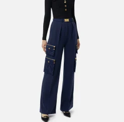 Pantaloni E Shorts|Elisabetta Franchi Pantalone dritto in crêpe con tasche e cintura Navy