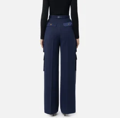 Pantaloni E Shorts|Elisabetta Franchi Pantalone dritto in crêpe con tasche e cintura Navy