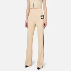 Pantaloni E Shorts|Elisabetta Franchi Pantalone dritto in crêpe stretch con bande e ricamo logo Crema/Nero