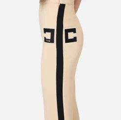 Pantaloni E Shorts|Elisabetta Franchi Pantalone dritto in crêpe stretch con bande e ricamo logo Crema/Nero
