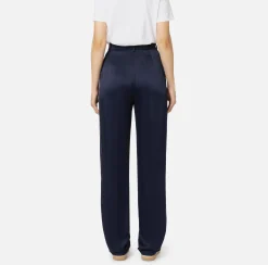 Tailleur|Pantaloni E Shorts|Elisabetta Franchi Pantalone dritto in satin con bande in raso Navy