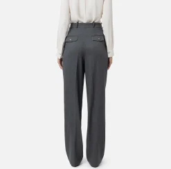 Pantaloni E Shorts|Elisabetta Franchi Pantalone gamba ampia con doppia pinces in fresco di lana stretch SteelMelange