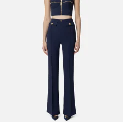 Tailleur|Pantaloni E Shorts|Elisabetta Franchi Pantalone palazzo in crêpe stretch con rivetto logo Navy