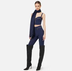 Sciarpe|Elisabetta Franchi Pashmina quadrata in viscosa jacquard con lettering logo Navy