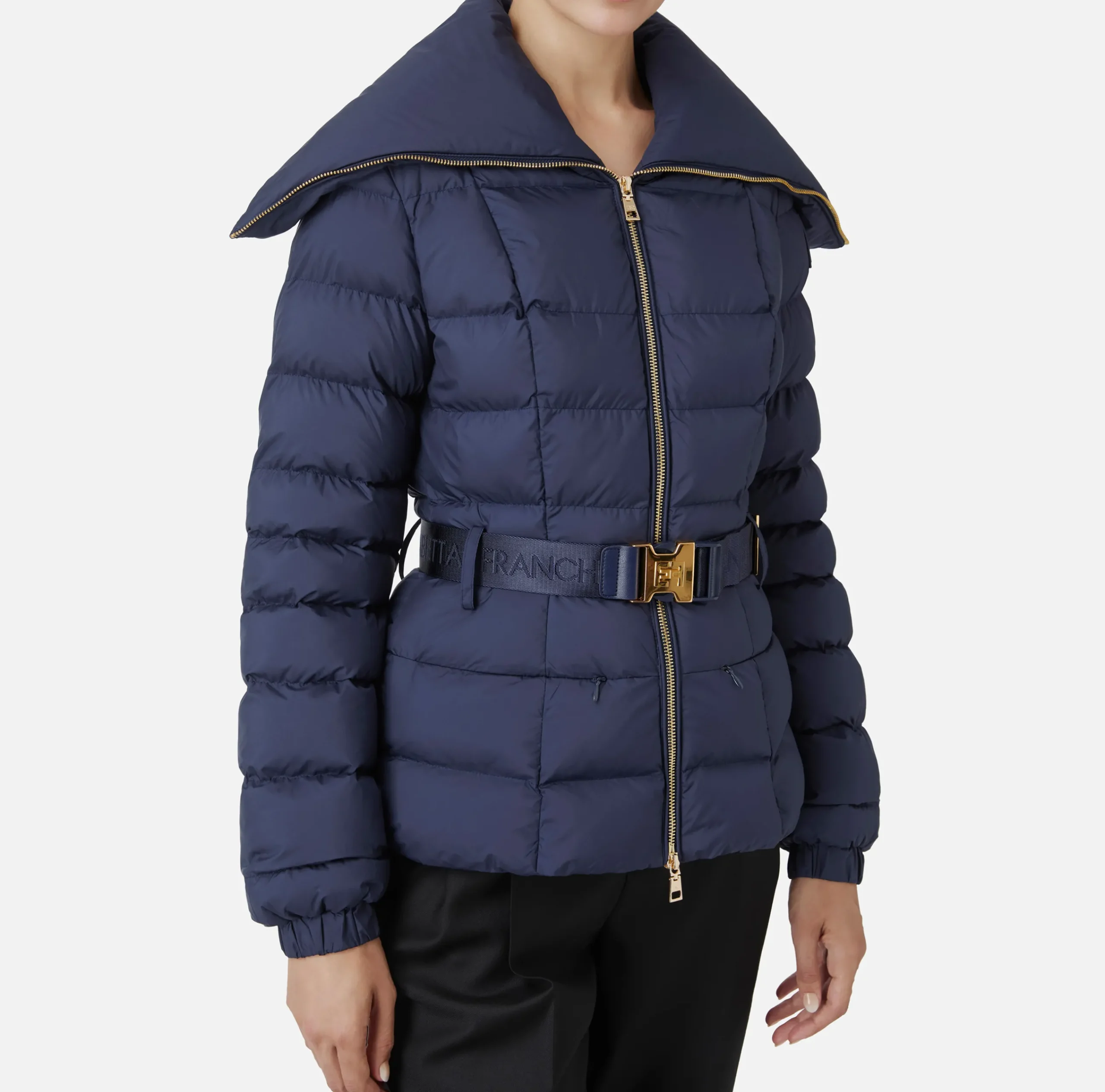 Capispalla|Elisabetta Franchi Piumino corto in nylon con ampio collo Navy