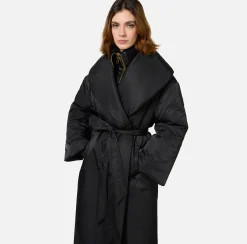 Capispalla|Elisabetta Franchi Piumino lungo in nylon satin con ampio collo Nero