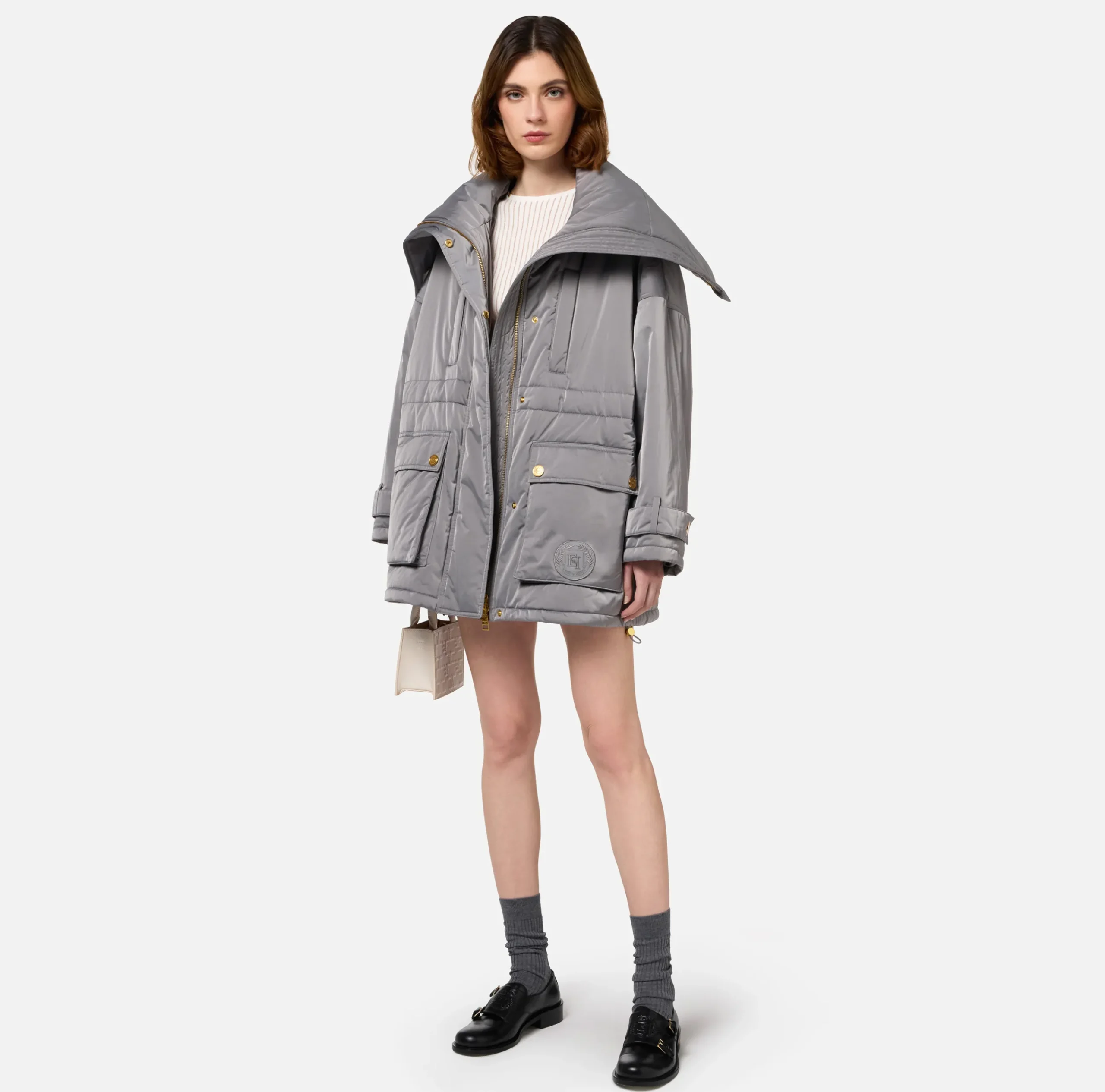 Capispalla|Elisabetta Franchi Piumino over tipo aviator in nylon satin Steel