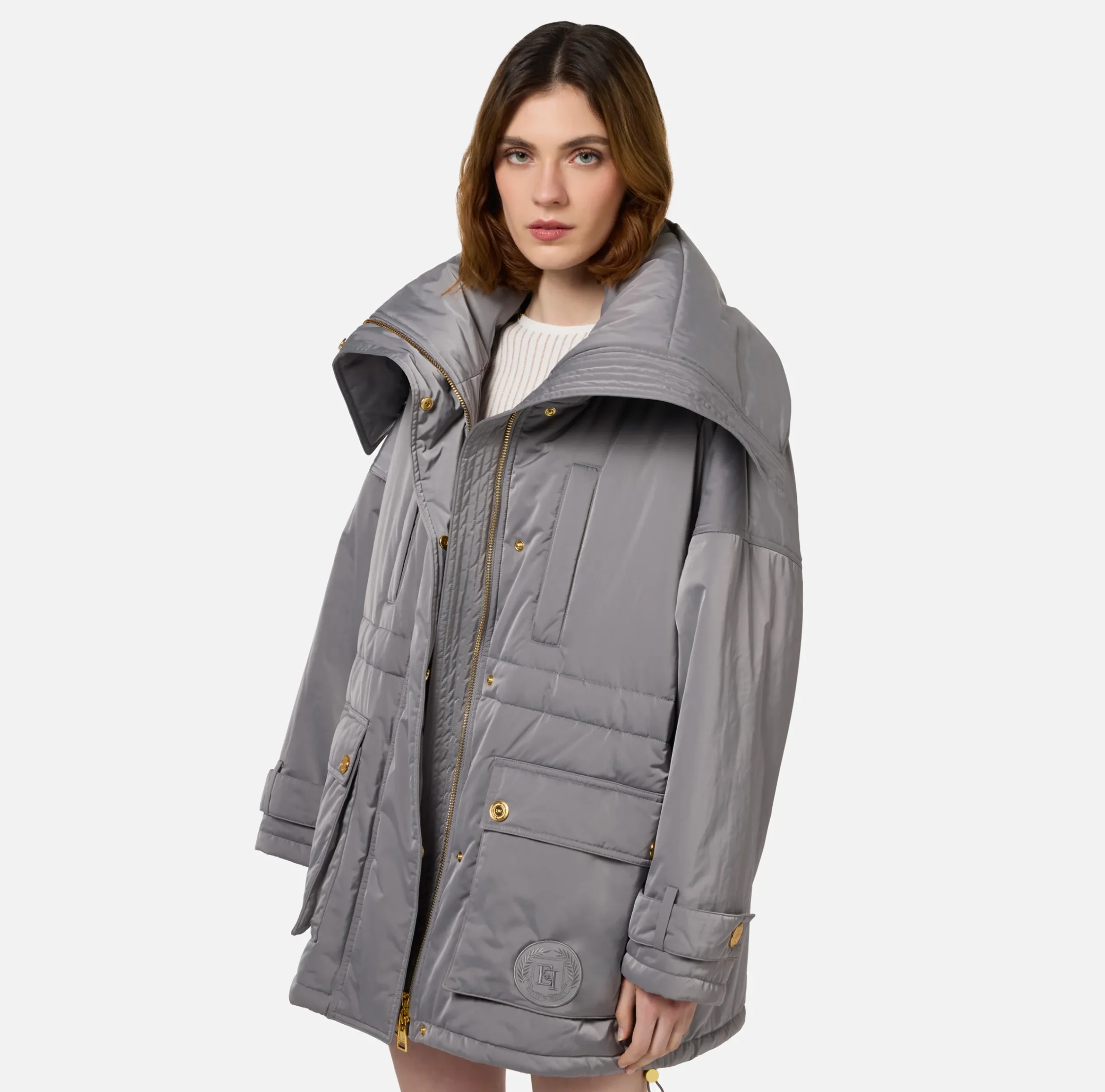 Capispalla|Elisabetta Franchi Piumino over tipo aviator in nylon satin Steel