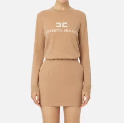 Maglieria E Felpe|Elisabetta Franchi Pullover in misto cashmere con logo CamelMelange/Avorio