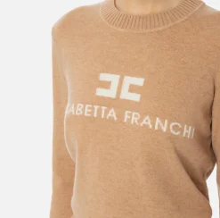Maglieria E Felpe|Elisabetta Franchi Pullover in misto cashmere con logo CamelMelange/Avorio
