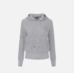 Maglieria E Felpe|Elisabetta Franchi Pullover in viscosa mouliné con cappuccio e patch logo Perla/Avorio