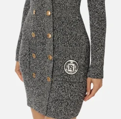 Mini Abiti|Abiti In Maglia|Elisabetta Franchi Robe manteau doppiopetto in lana mouliné con patch logo Nero/Burro