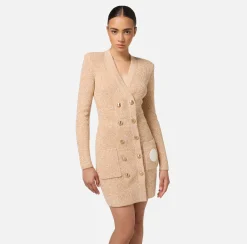 Mini Abiti|Abiti In Maglia|Elisabetta Franchi Robe manteau doppiopetto in lana mouliné con patch logo Cappuccino/Burro
