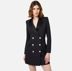 Mini Abiti|Robes Manteaux|Elisabetta Franchi Robe manteau in crêpe stretch con revers in raso Nero