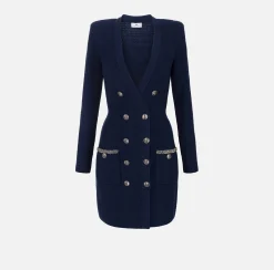 Mini Abiti|Abiti In Maglia|Elisabetta Franchi Robe manteau in lana bouclé con ricamo Navy