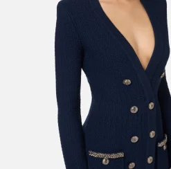 Mini Abiti|Abiti In Maglia|Elisabetta Franchi Robe manteau in lana bouclé con ricamo Navy