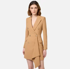 Mini Abiti|Robes Manteaux|Elisabetta Franchi Robe-manteau doppiopetto in crêpe con ruche Bronze