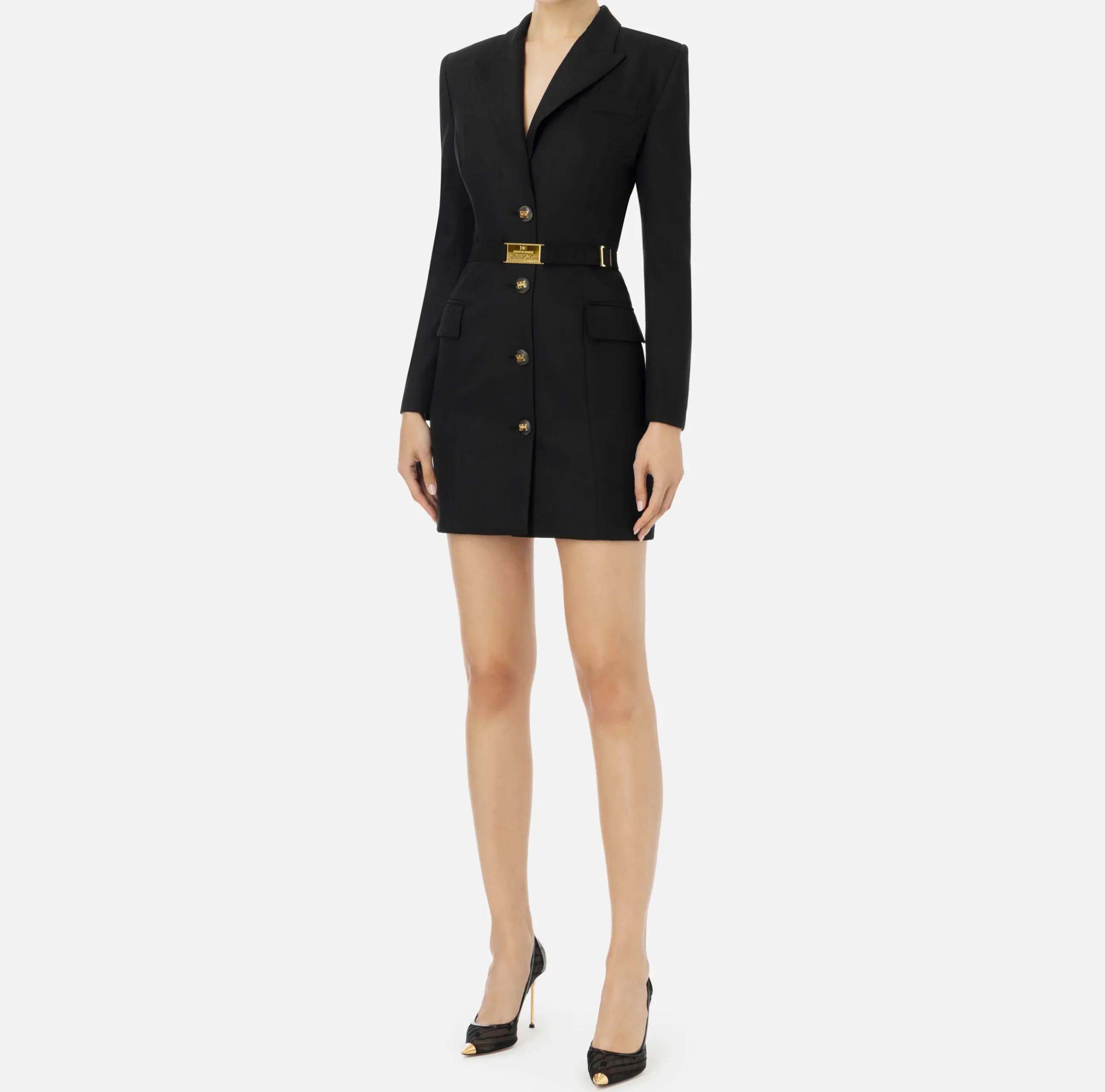 Mini Abiti|Robes Manteaux|Elisabetta Franchi Robe-manteau in fresco lana con cintura Nero