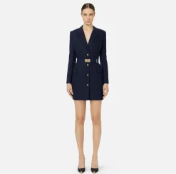 Mini Abiti|Robes Manteaux|Elisabetta Franchi Robe-manteau in fresco lana con cintura Navy