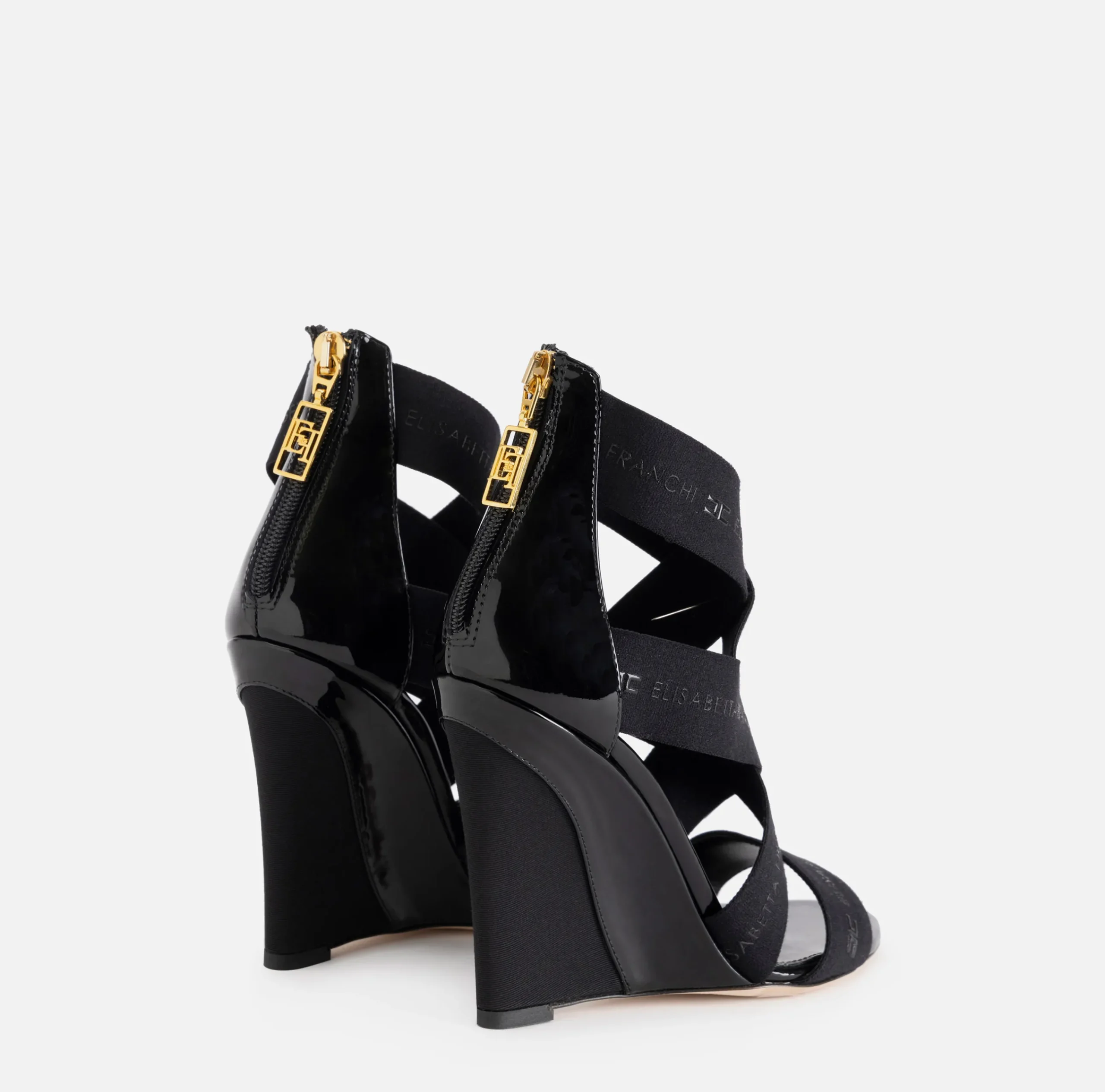 Sandali|Elisabetta Franchi Sandalo in pelle con zeppa e elastici jacquard Nero