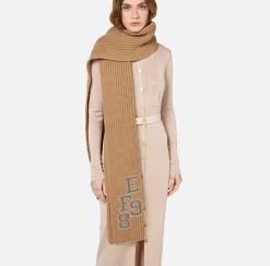 Sciarpe|Elisabetta Franchi Sciarpa in lana a coste con patch stile college Camel