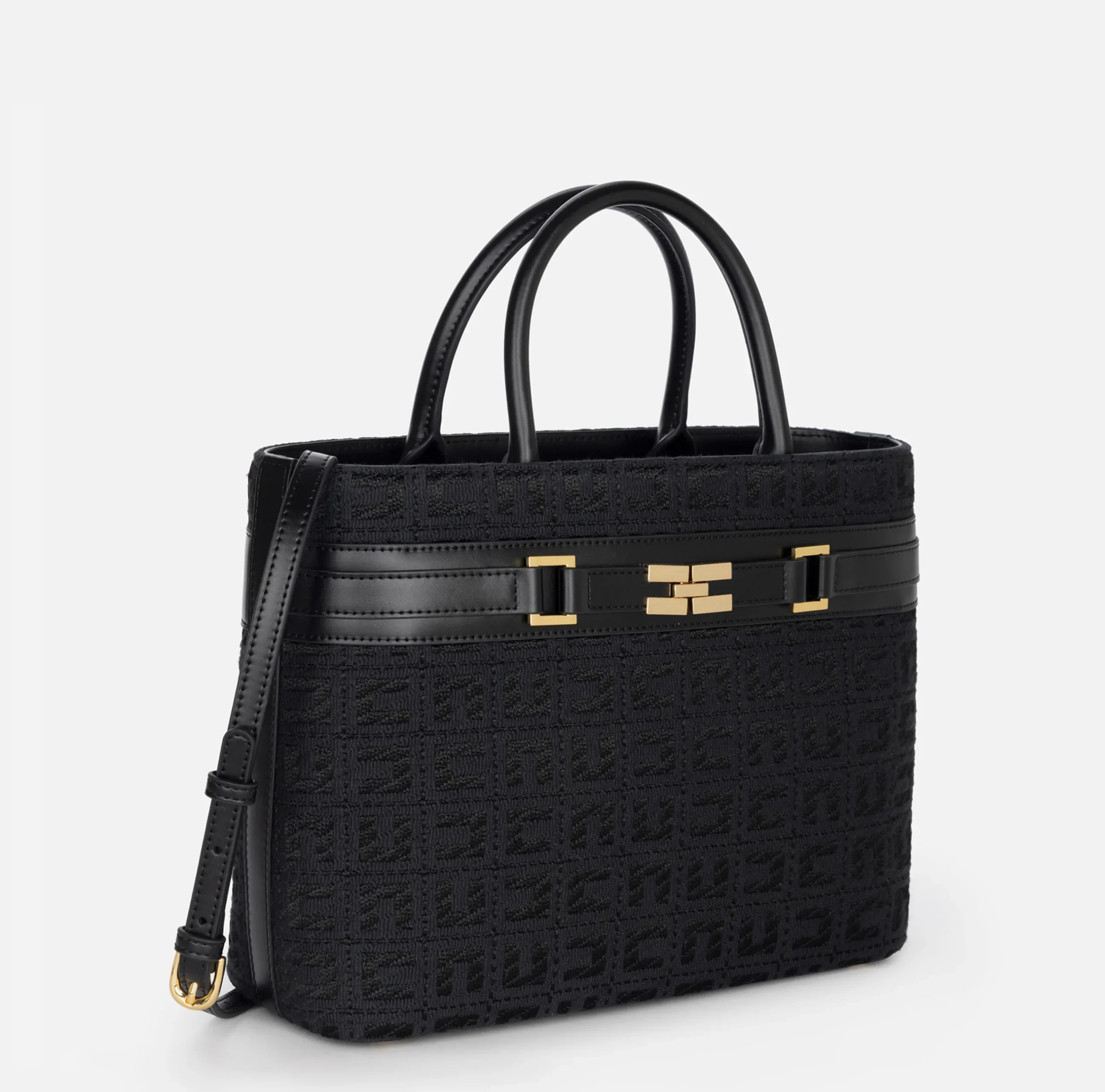 Borse A Mano|Elisabetta Franchi Shopper grande in tessuto jacquard con morsetto Nero