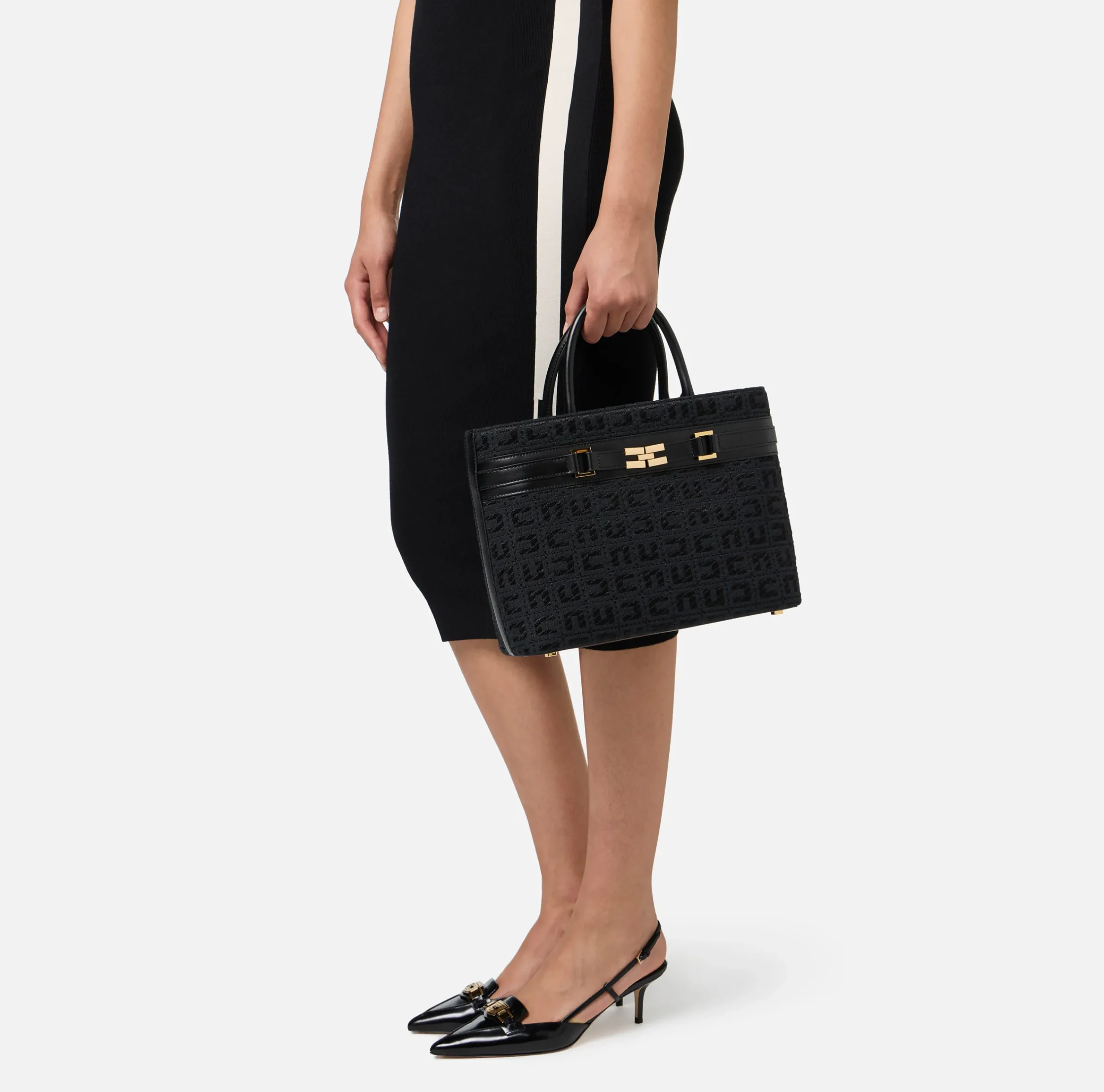 Borse A Mano|Elisabetta Franchi Shopper grande in tessuto jacquard con morsetto Nero