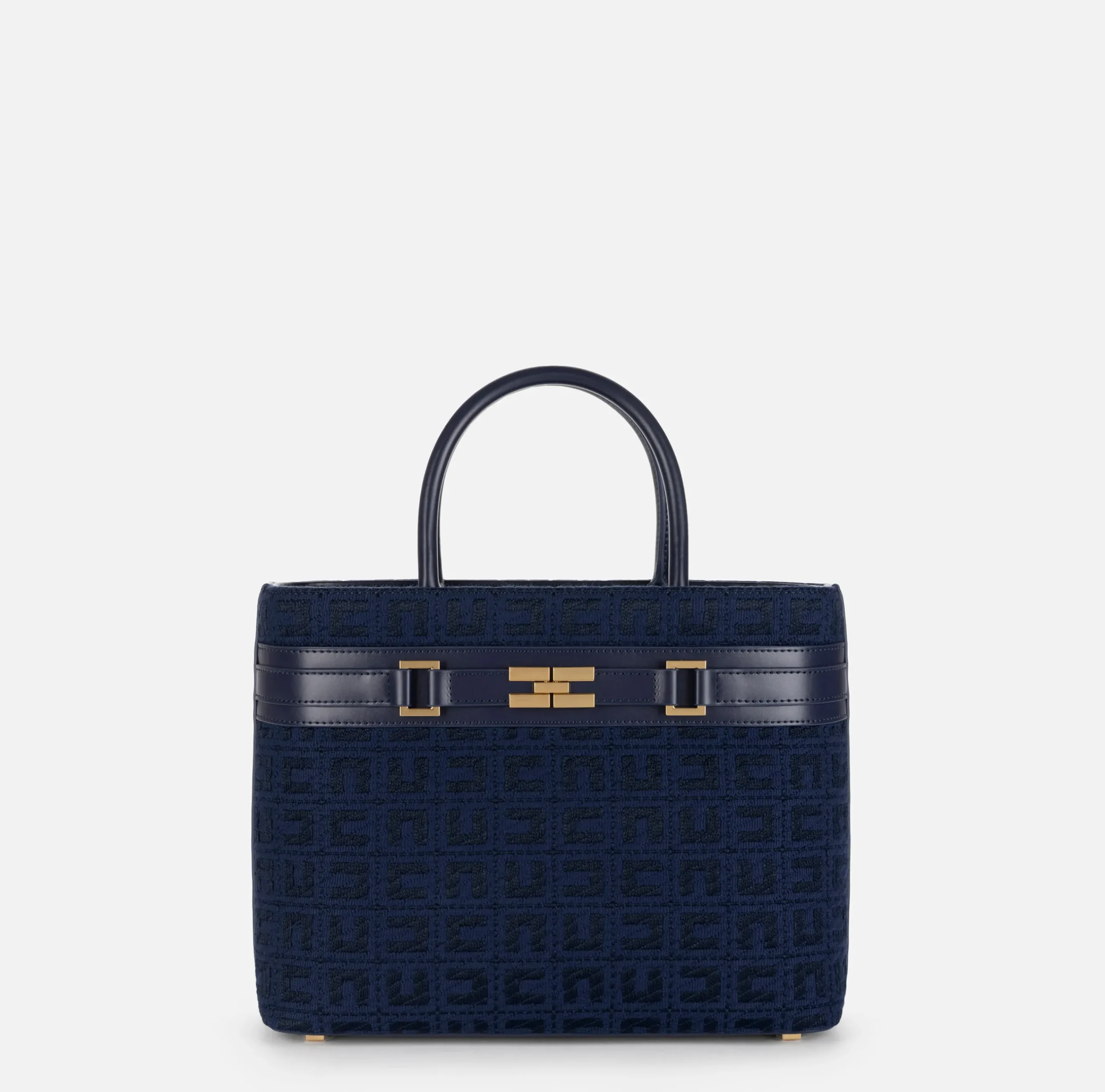 Borse A Mano|Elisabetta Franchi Shopper grande in tessuto jacquard con morsetto Navy