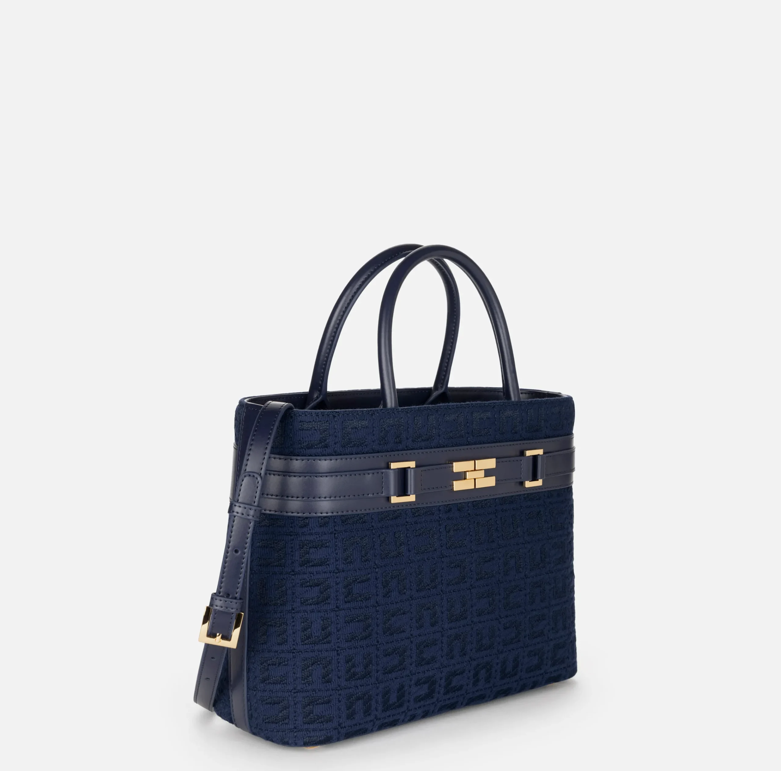 Borse A Mano|Elisabetta Franchi Shopper grande in tessuto jacquard con morsetto Navy