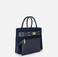 Borse A Mano|Elisabetta Franchi Shopper grande in tessuto jacquard con morsetto Navy