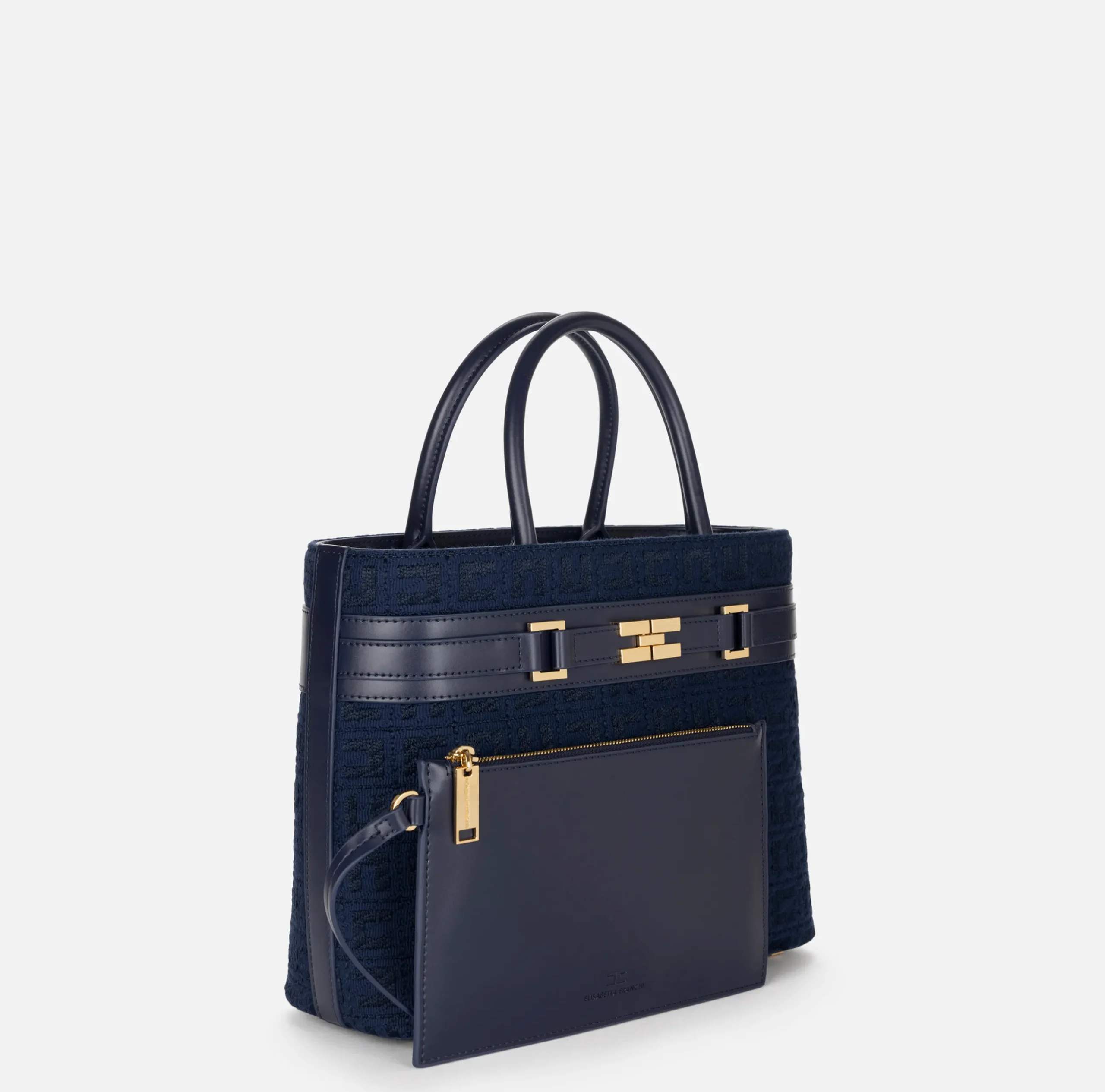 Borse A Mano|Elisabetta Franchi Shopper grande in tessuto jacquard con morsetto Navy