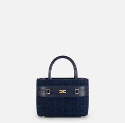 Borse A Mano|Elisabetta Franchi Shopper piccola in tessuto jacquard con morsetto Navy