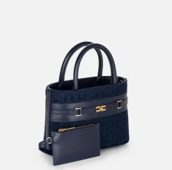 Borse A Mano|Elisabetta Franchi Shopper piccola in tessuto jacquard con morsetto Navy