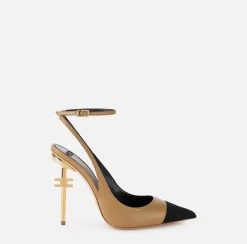 Décolleté|Elisabetta Franchi Slingback in nappa con tacco scultura Camel/Nero