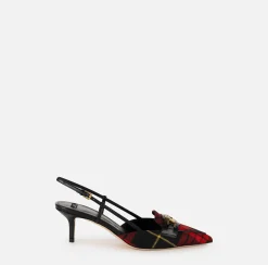 Décolleté|Elisabetta Franchi Slingback in pelle e tartan di lana Nero/RedPassion