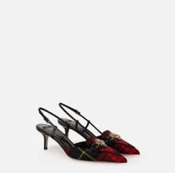 Décolleté|Elisabetta Franchi Slingback in pelle e tartan di lana Nero/RedPassion