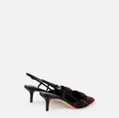 Décolleté|Elisabetta Franchi Slingback in pelle e tartan di lana Nero/RedPassion